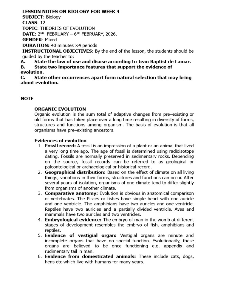 Lesson Notes on Biology for Week 4 Class 12 2026.Docx | PDF | Genetic ...