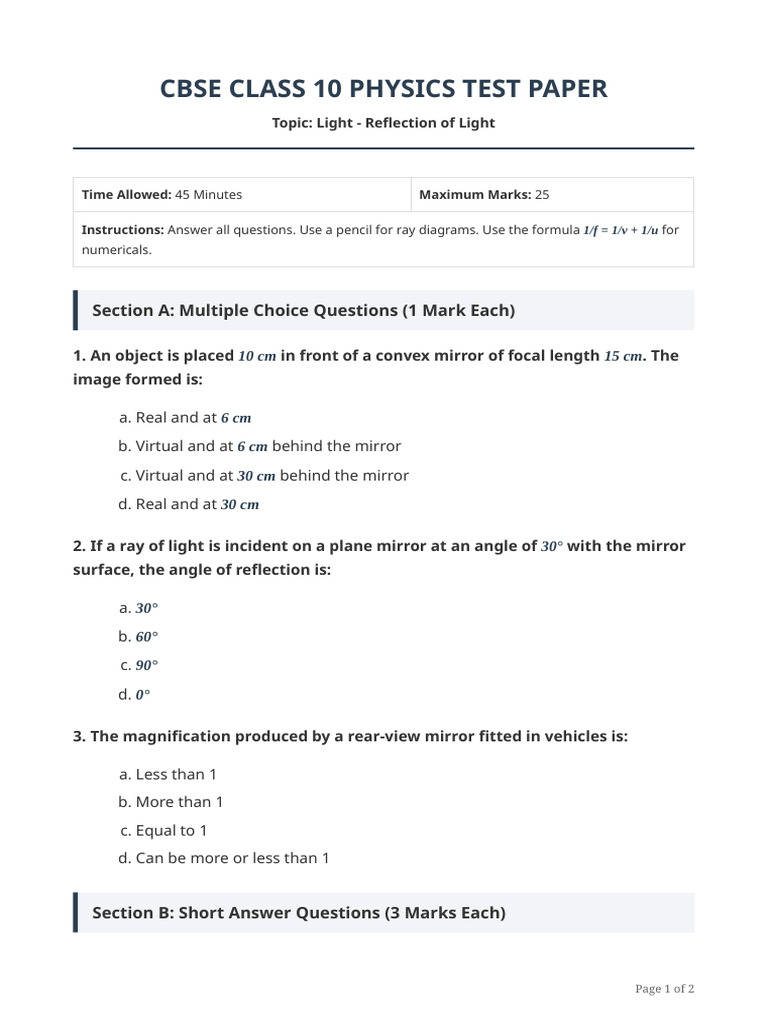 Class 10 Physics Reflection Test | PDF