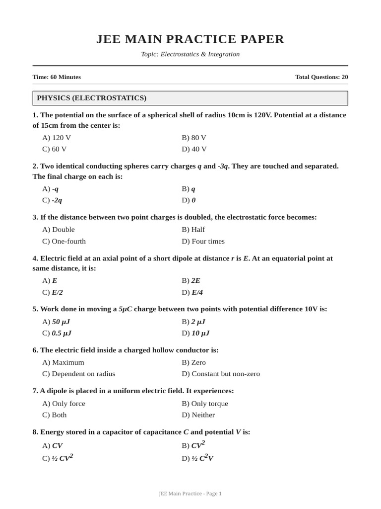 JEE Practice Test 20 Questions | PDF | Capacitance | Physical Phenomena