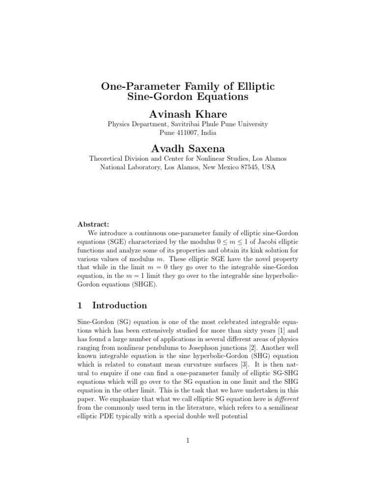 One-Parameter Family of Elliptic Sine-Gordon Equat | PDF | Mathematical ...