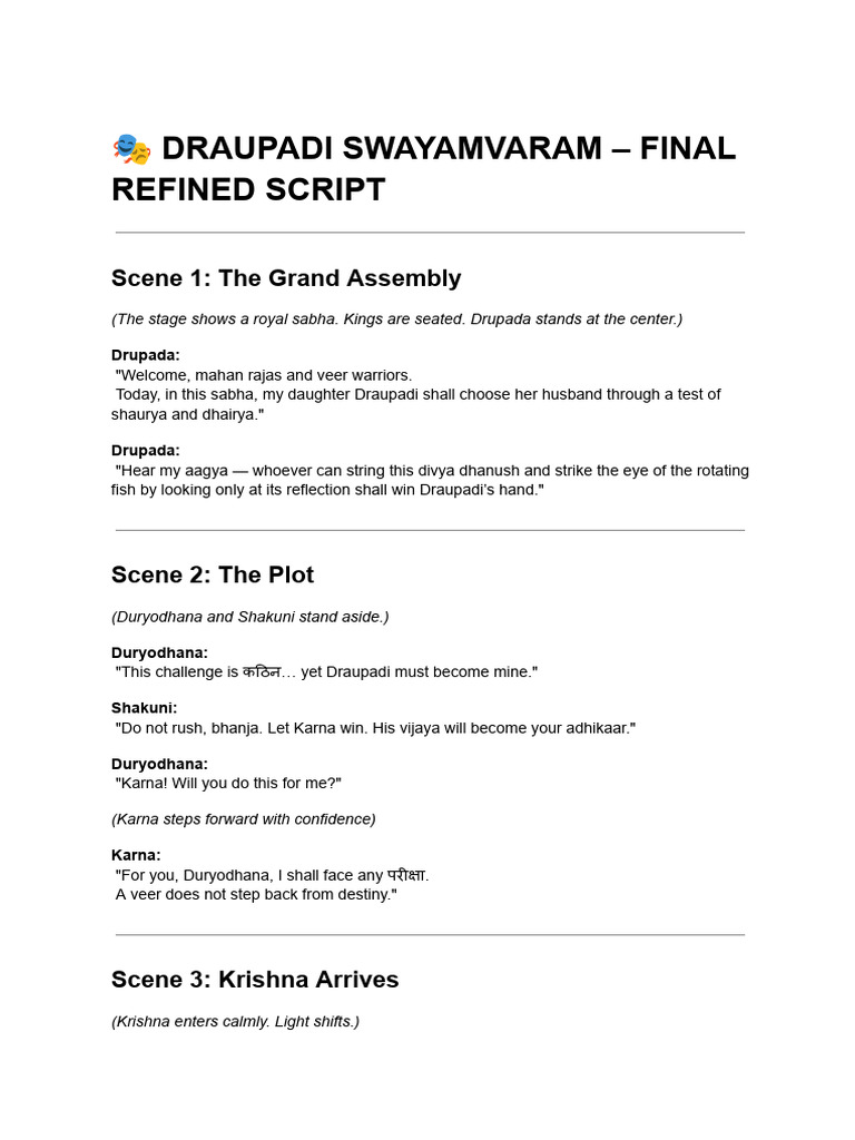 ? Draupadi Swayamvaram – Final Refined Script | PDF | Mahabharata ...