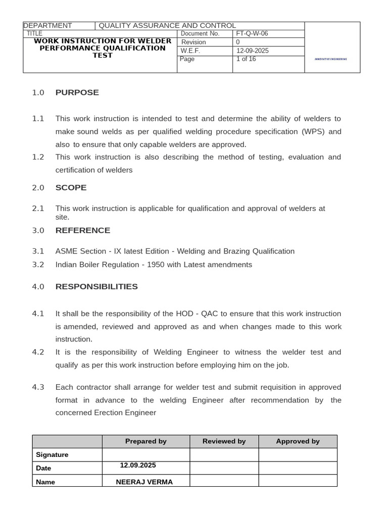 Work Instruction For Welder Performance Qualification Test | PDF ...