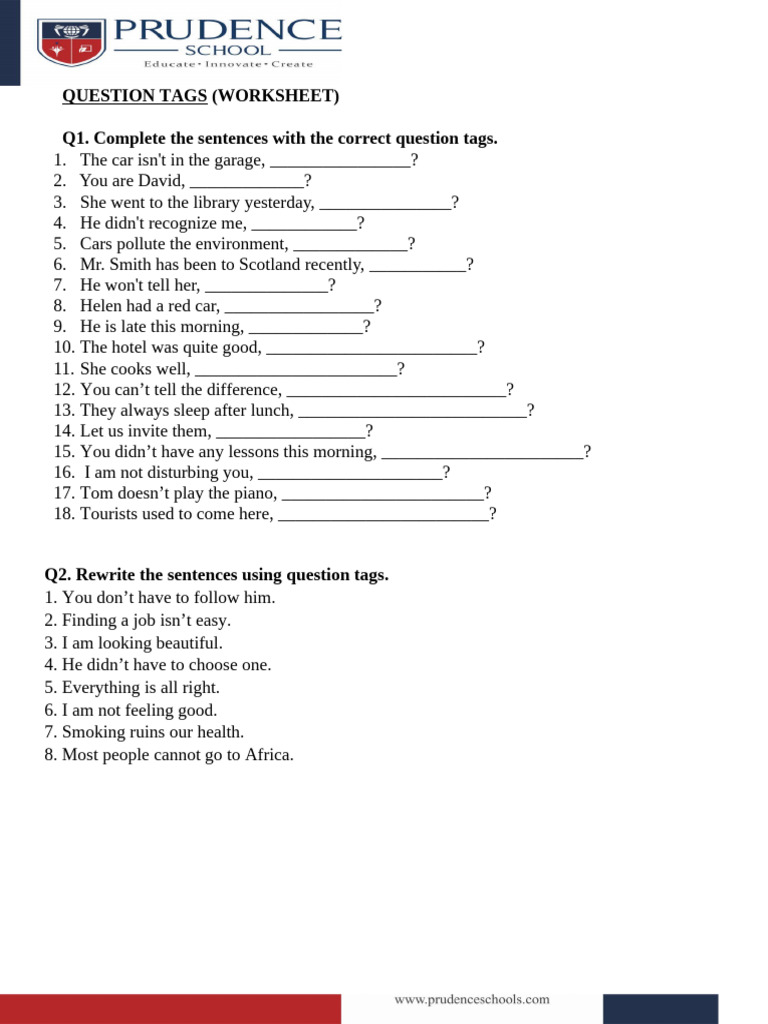 Question Tags - Worksheet | PDF