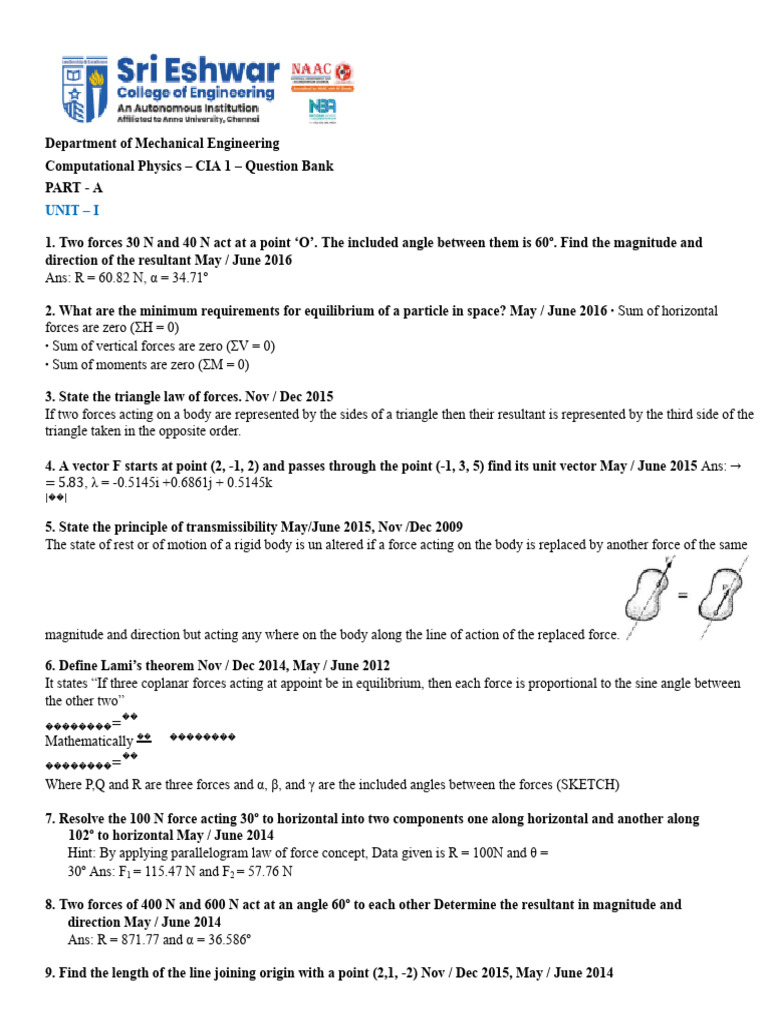 CP Unit - 1 Two Marks With Answers | PDF | Force | Mechanics