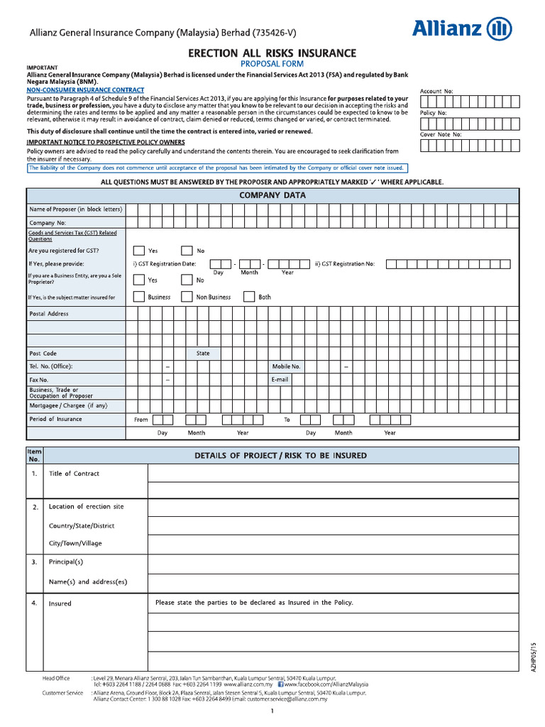 Erection All Risk - Proposal Form | PDF