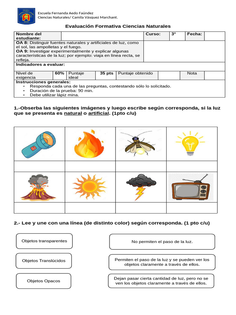 Evaluación 3° Fuentes de Luz | PDF | Ligero | Electrodinámica