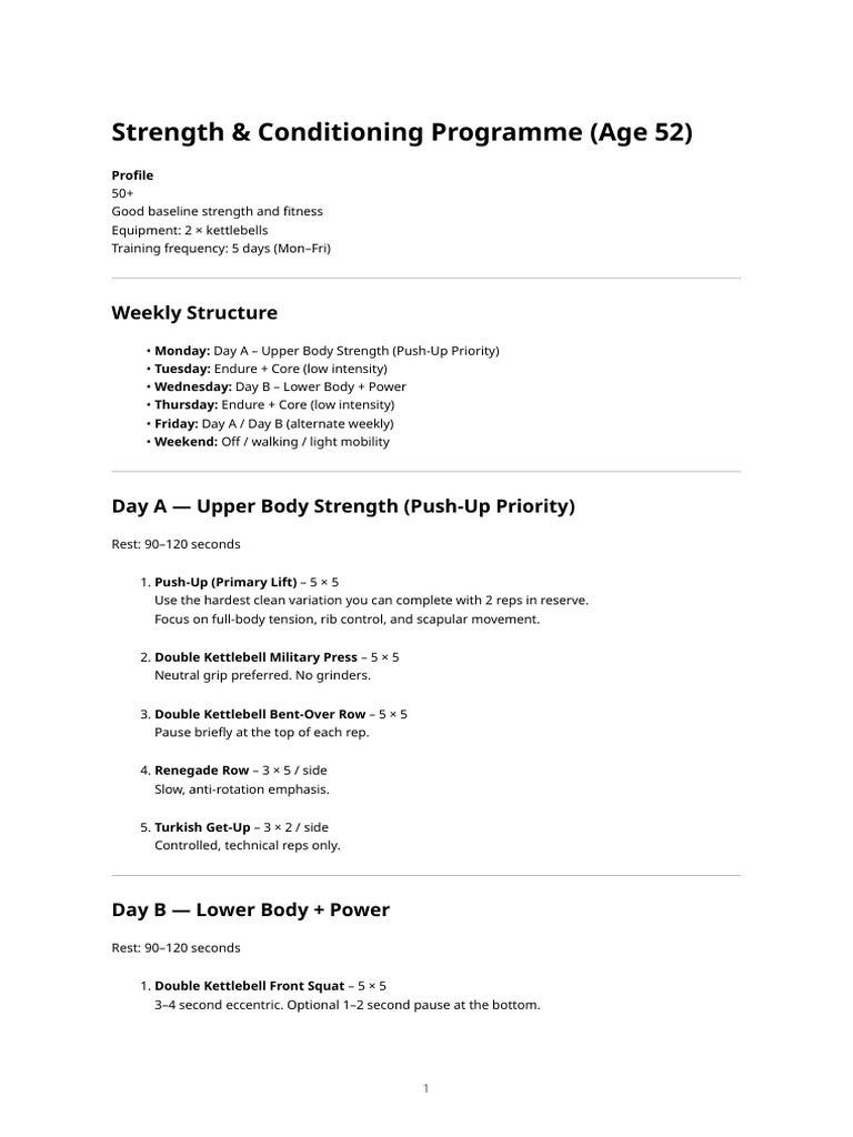 Age-52 Strength-focused Weekly Programme | PDF | Kettlebell | Skeletal ...