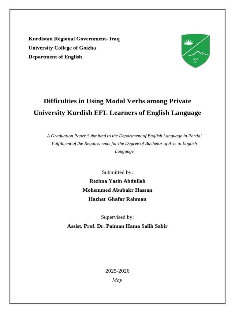 Difficulties in Using Modal Verbs Among Private University Kurdish EFL ...