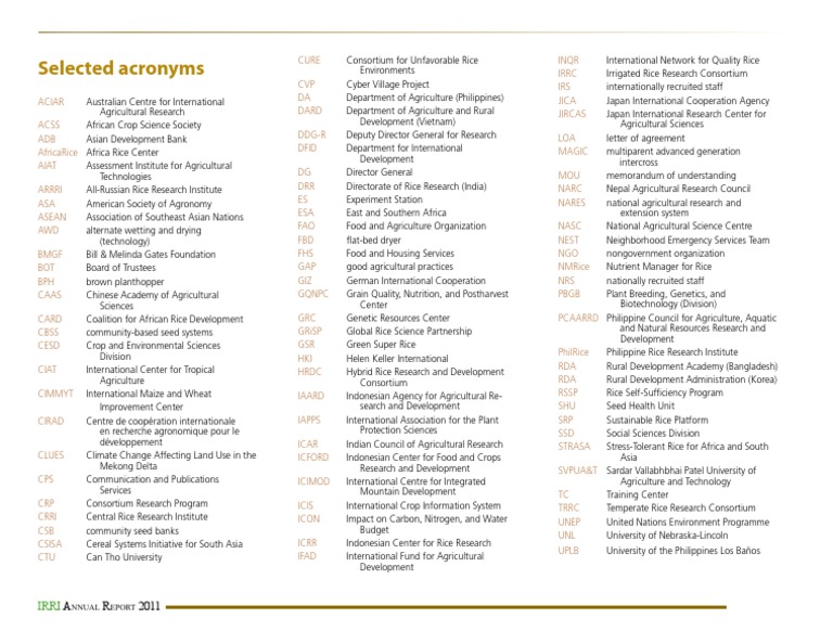 IRRI AR 2011 Acronyms International Rice Research Institute Rice