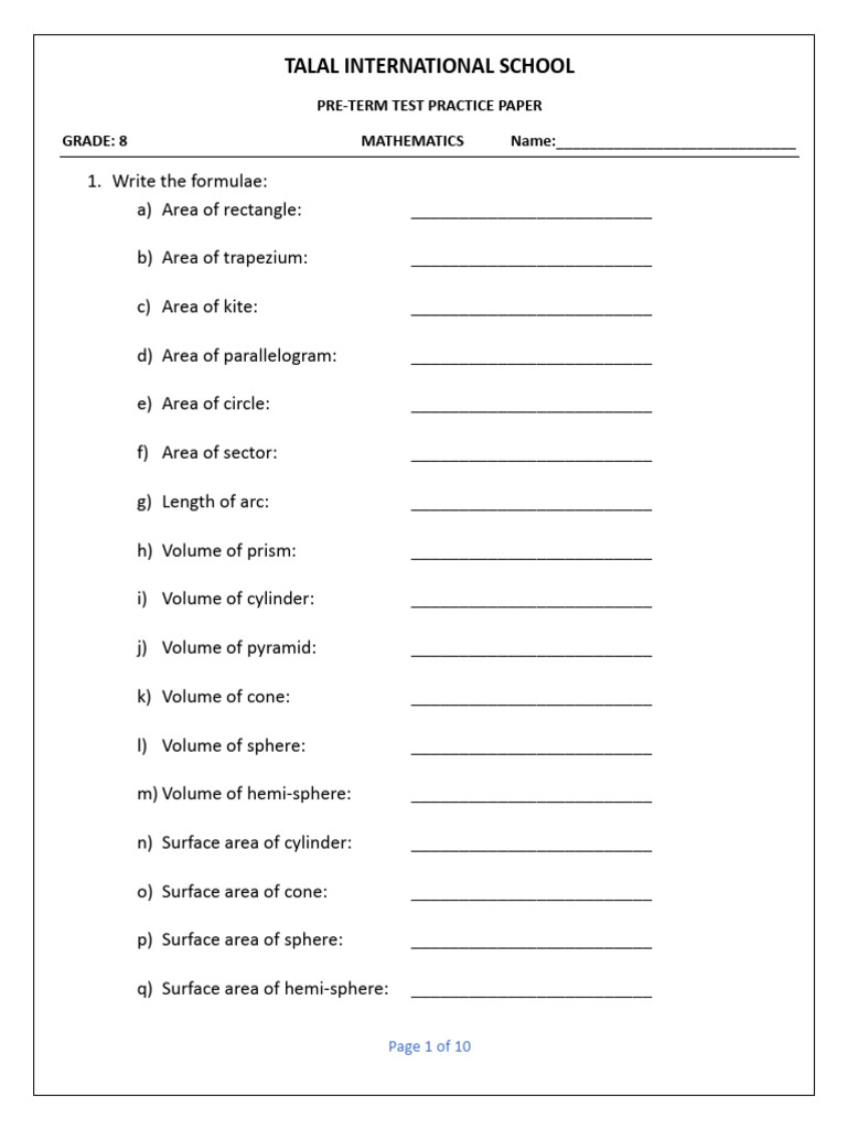 Pre-term Test Practice Paper Grade 8 Maths | PDF | Area | Sphere