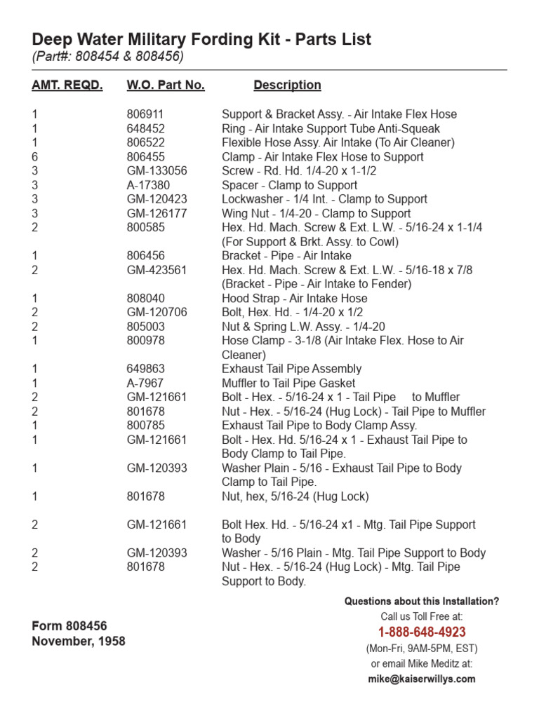 Deep Water Military Fording Kit - Parts List | PDF