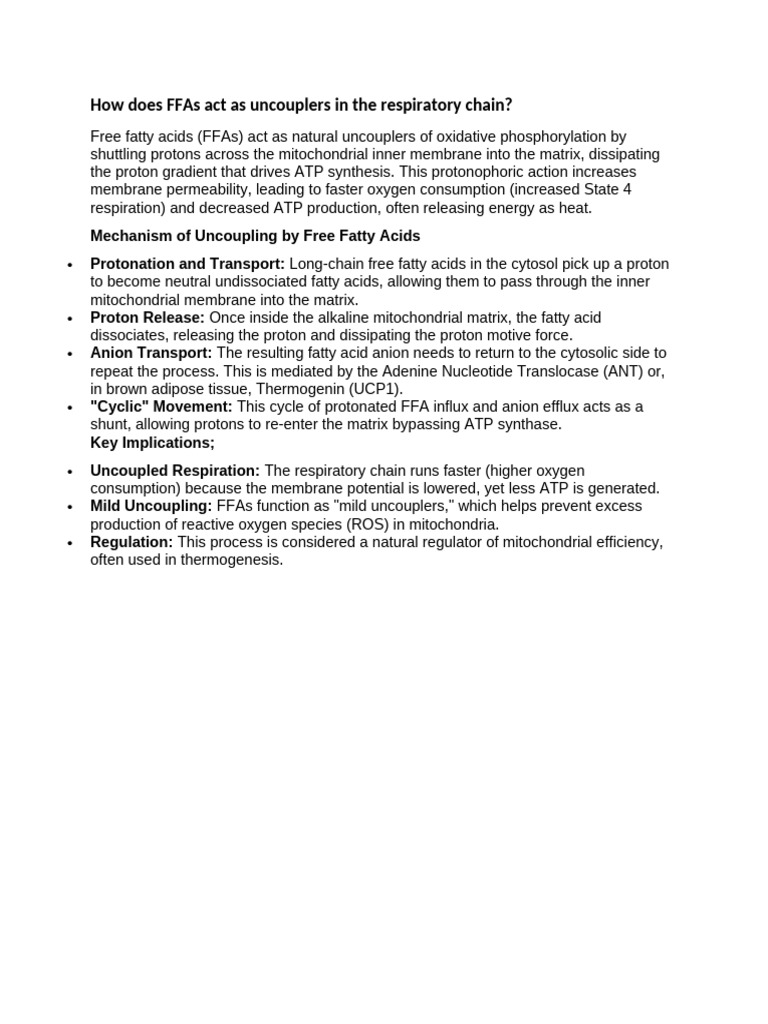 How Does FFAs Act as Uncouplers in the Respiratory Chain | PDF