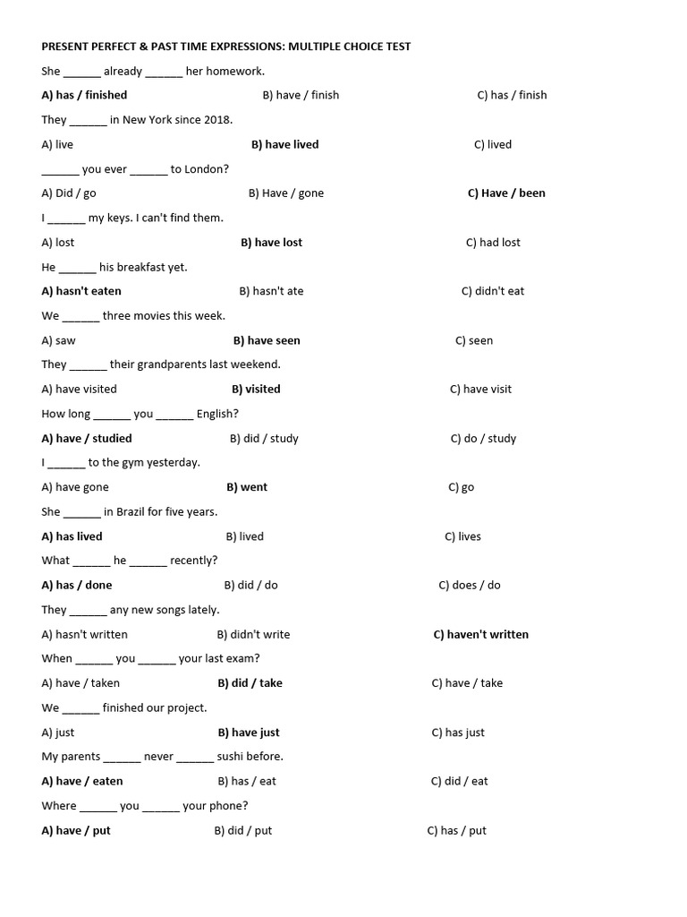 Present Perfect Test Answers | PDF | Chess Theory | Chess Openings
