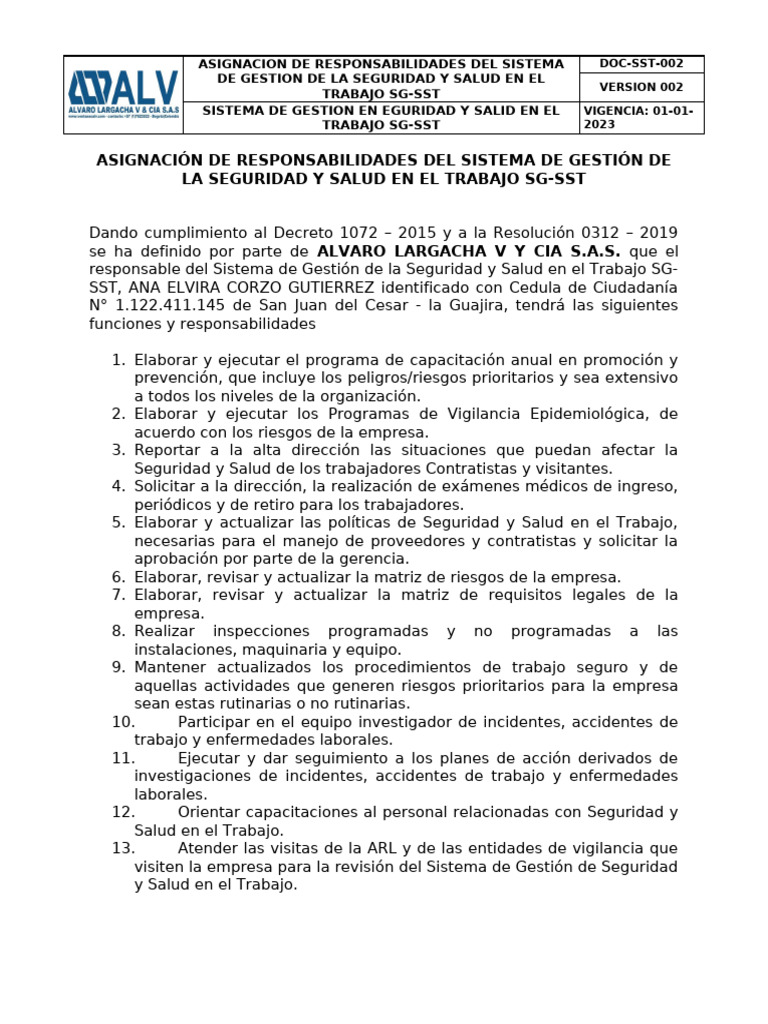DOC-SST-002 Asignación de Responsabilidades SG-SST - Prof SST | PDF ...