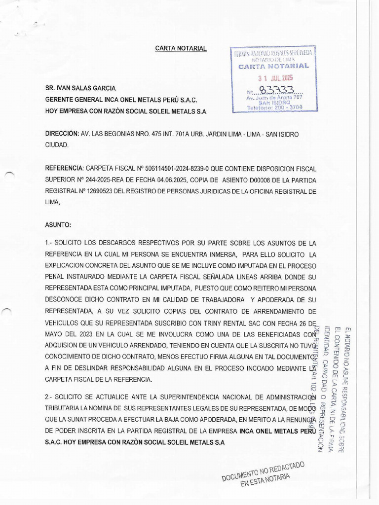 83733 Carta Notarial Inca One Metals-soleil Metals | PDF