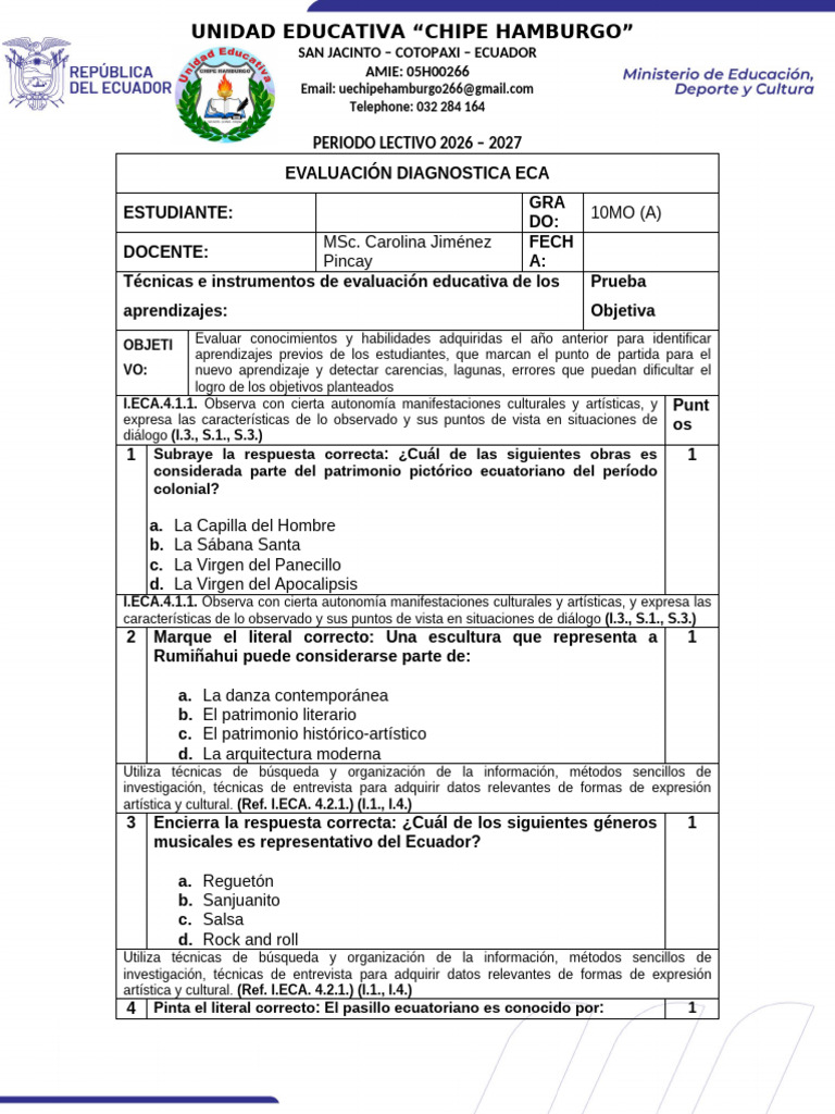 Evaluacion Diagnostica de Eca 10mo - A | PDF