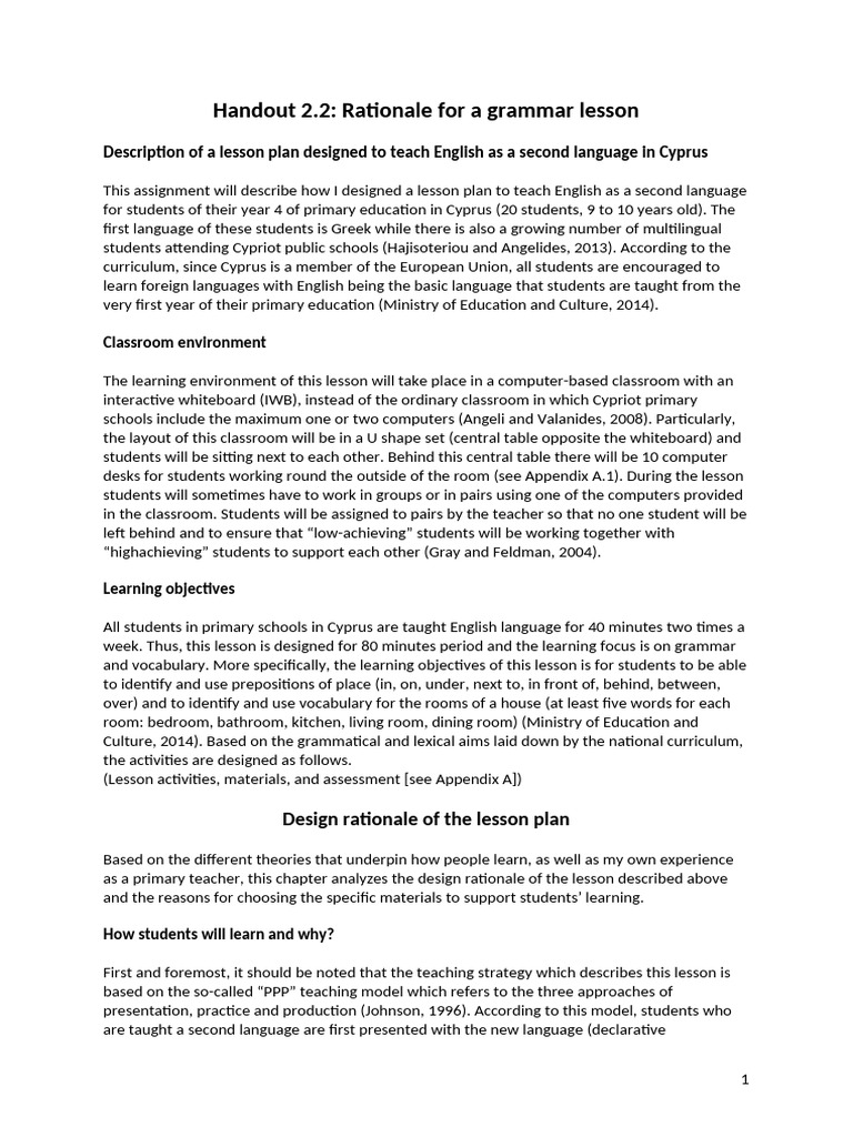 Handout 2.2 Example Rationale 1 | PDF | Learning | Classroom