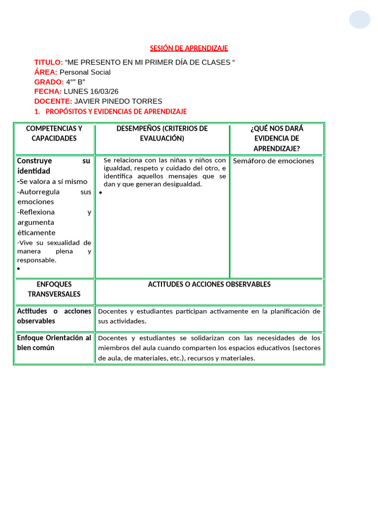 Sesion de Aprendizaje Personal Social 2026 | PDF | Enseñando | Aprendizaje