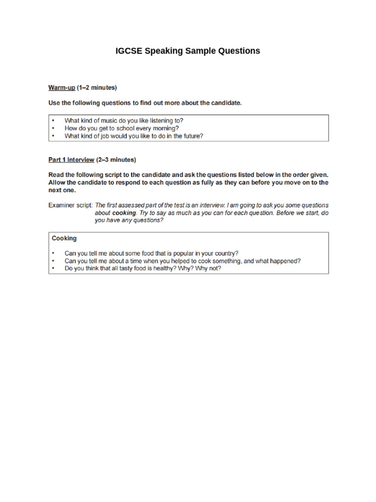 IGCSE Speaking Sample Questions | PDF