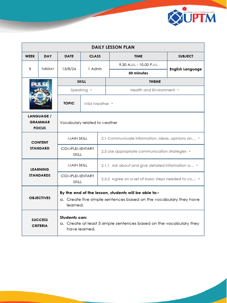 1a Lesson Plan Uptm (w1-1) | PDF | Vocabulary | Teachers