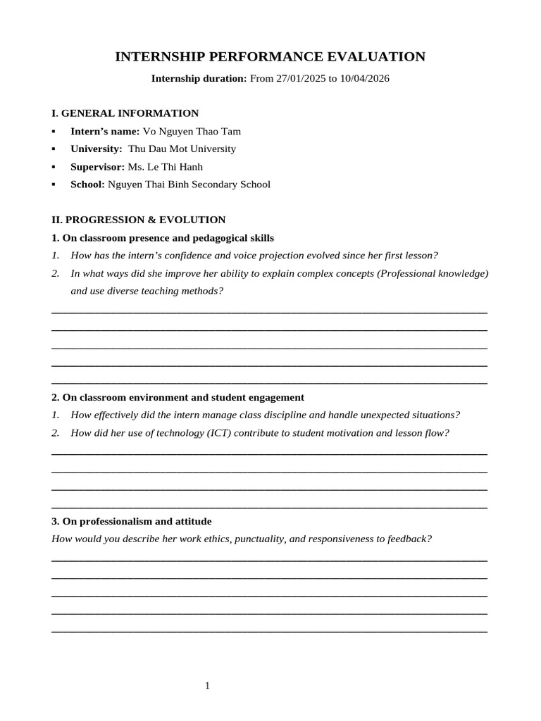 INTERNSHIP PERFORMANCE EVALUATION | PDF | Human Communication | Learning
