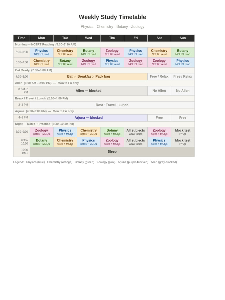 Weekly Timetable | PDF