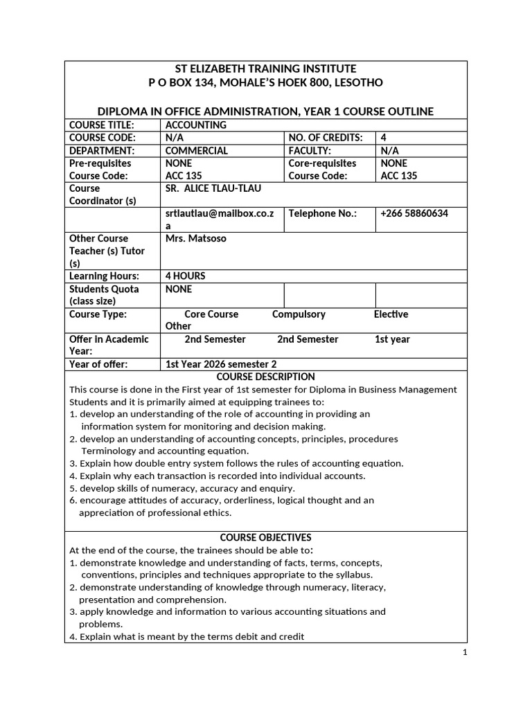 Course Outline DOA Acc 135, Semester 2 2026 | PDF | Bookkeeping ...
