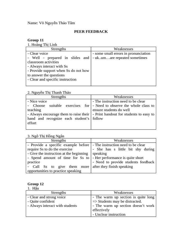 Peer Feedback 10-3 | PDF | Teaching | Human Communication