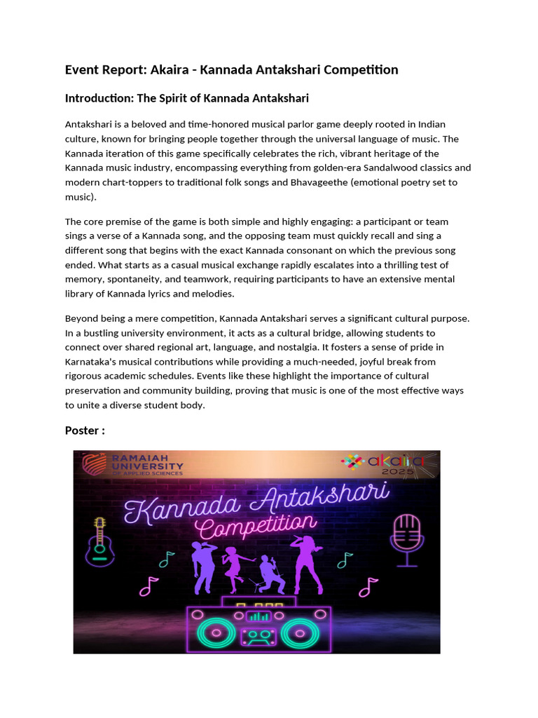 Event Report Akaira - Kannada Antakshari Competition | PDF
