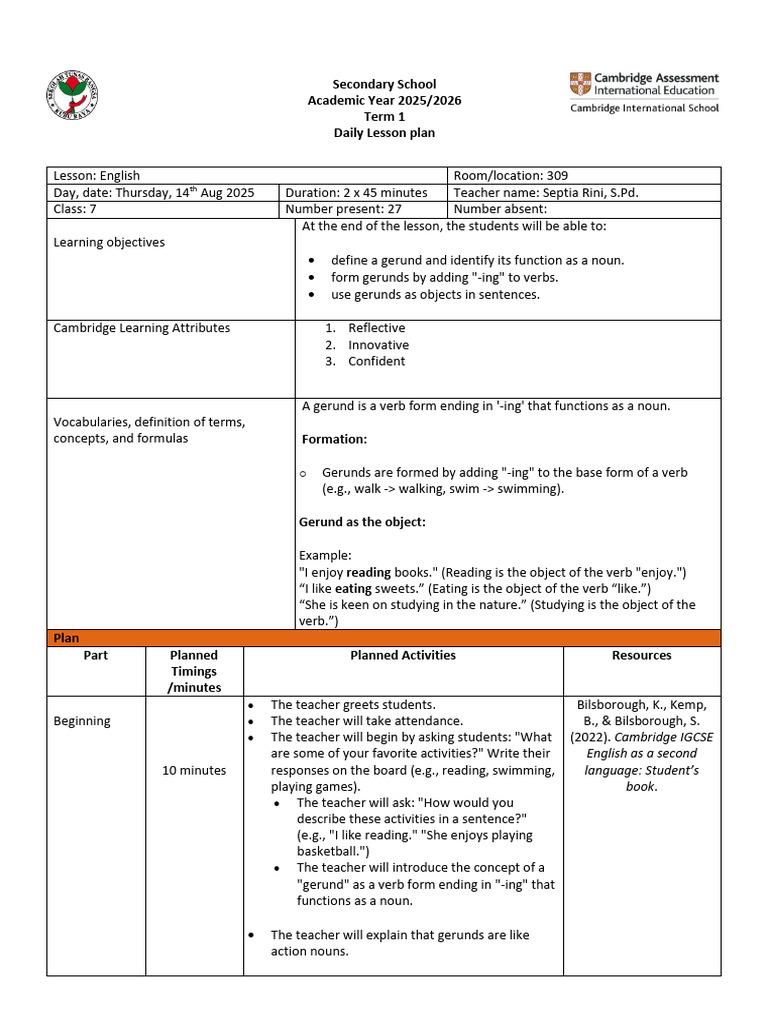 English Lesson Plan SMP-Sample | PDF | Learning | Verb