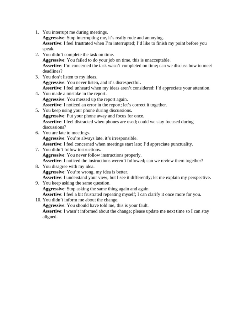 10 Normal Sentences Written in Both Aggressive and Assertive Way | PDF