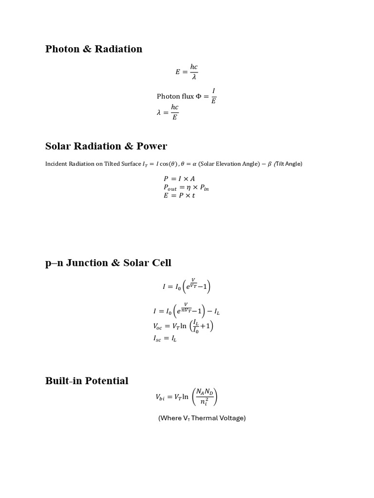 Formulas for Solving Numericals. | PDF | Solar Cell | Physical Chemistry