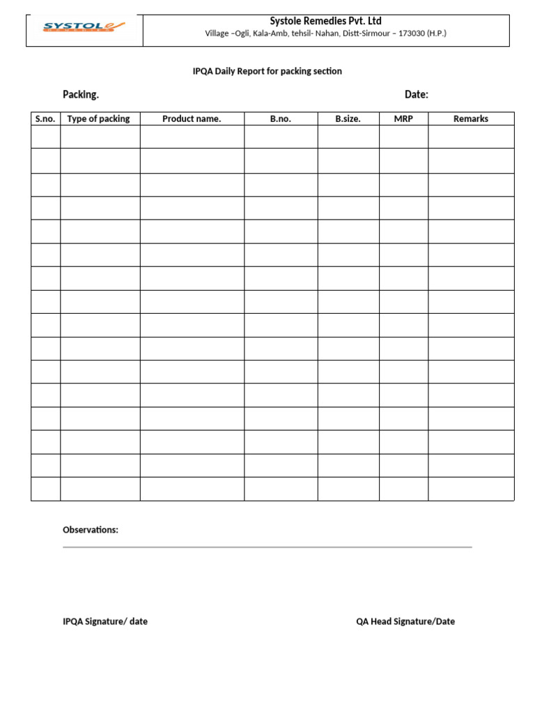 Daily Packing Report Sheet | PDF