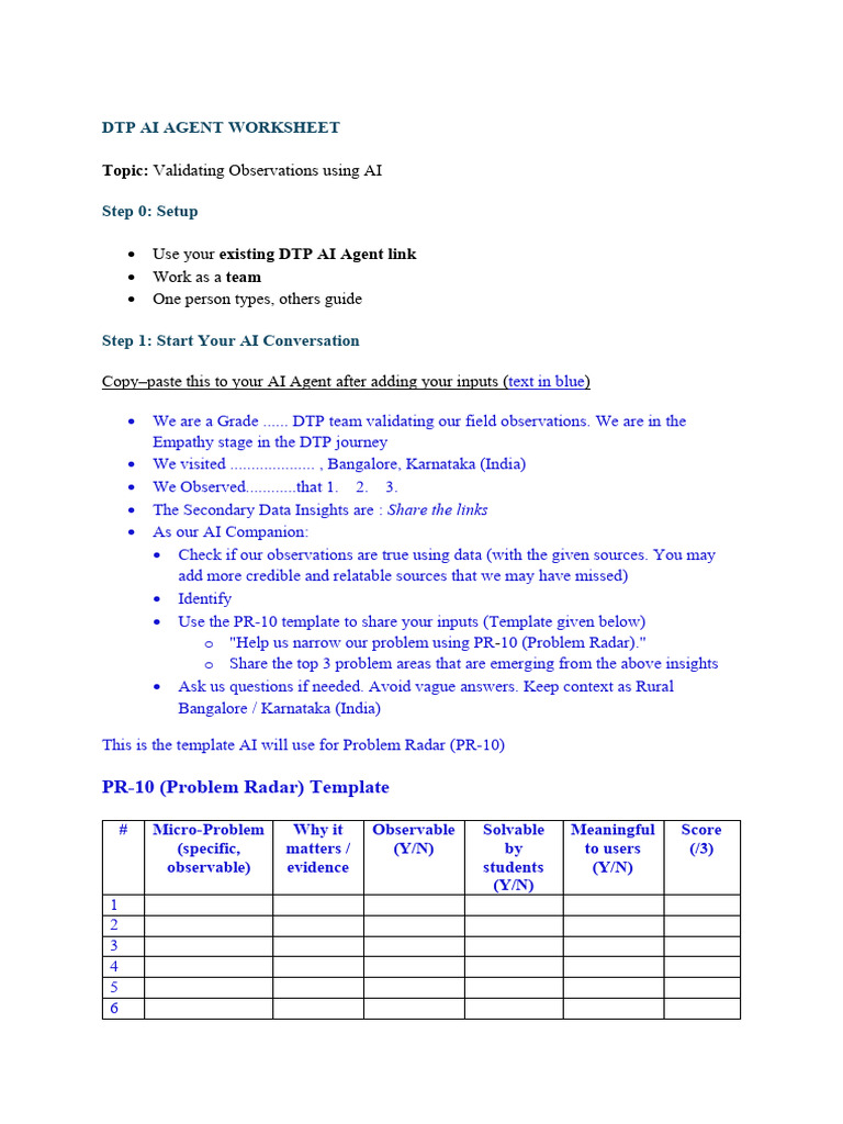 DTP AI AGENT WORKSHEET_Validating Observations Using AI | PDF ...