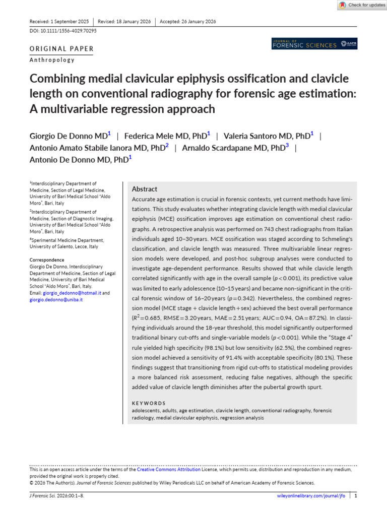 Journal of Forensic Sciences - 2026 - De Donno - Combining Medial ...