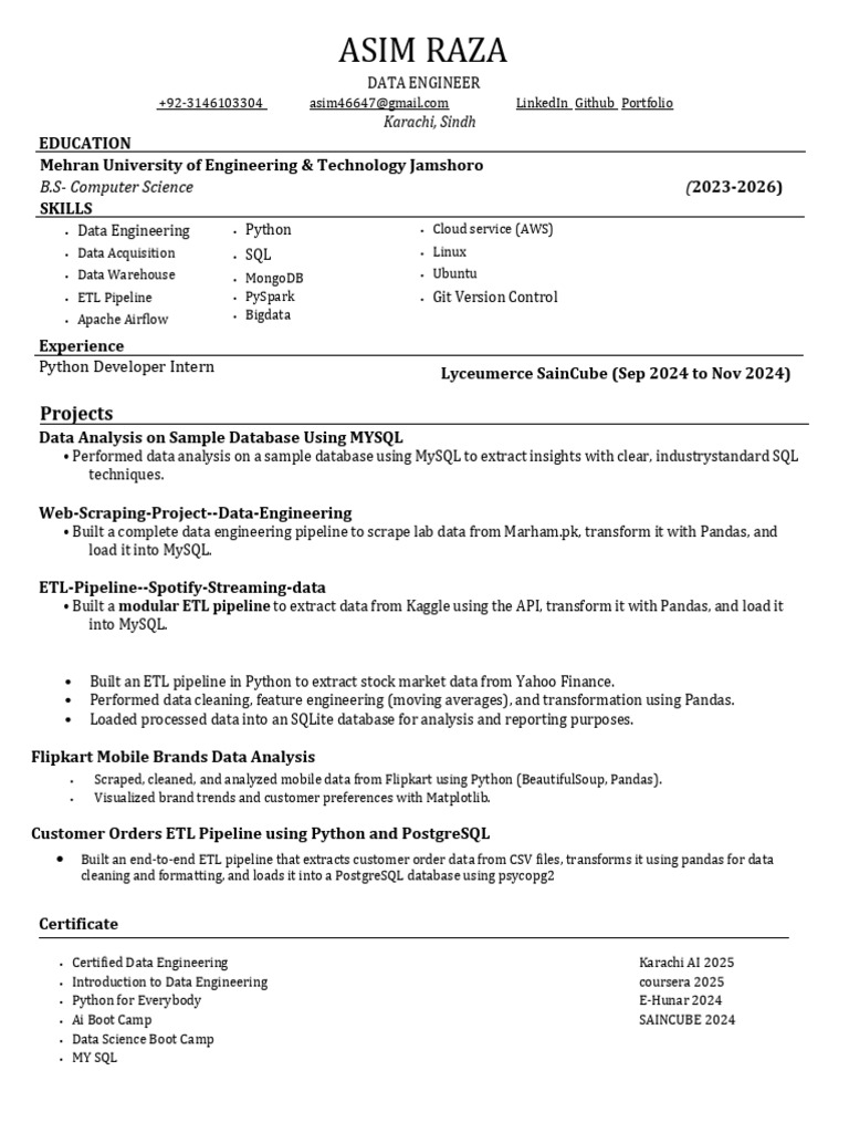 Asim Raza - Data Engineer - CV | PDF | My Sql | Information Technology ...