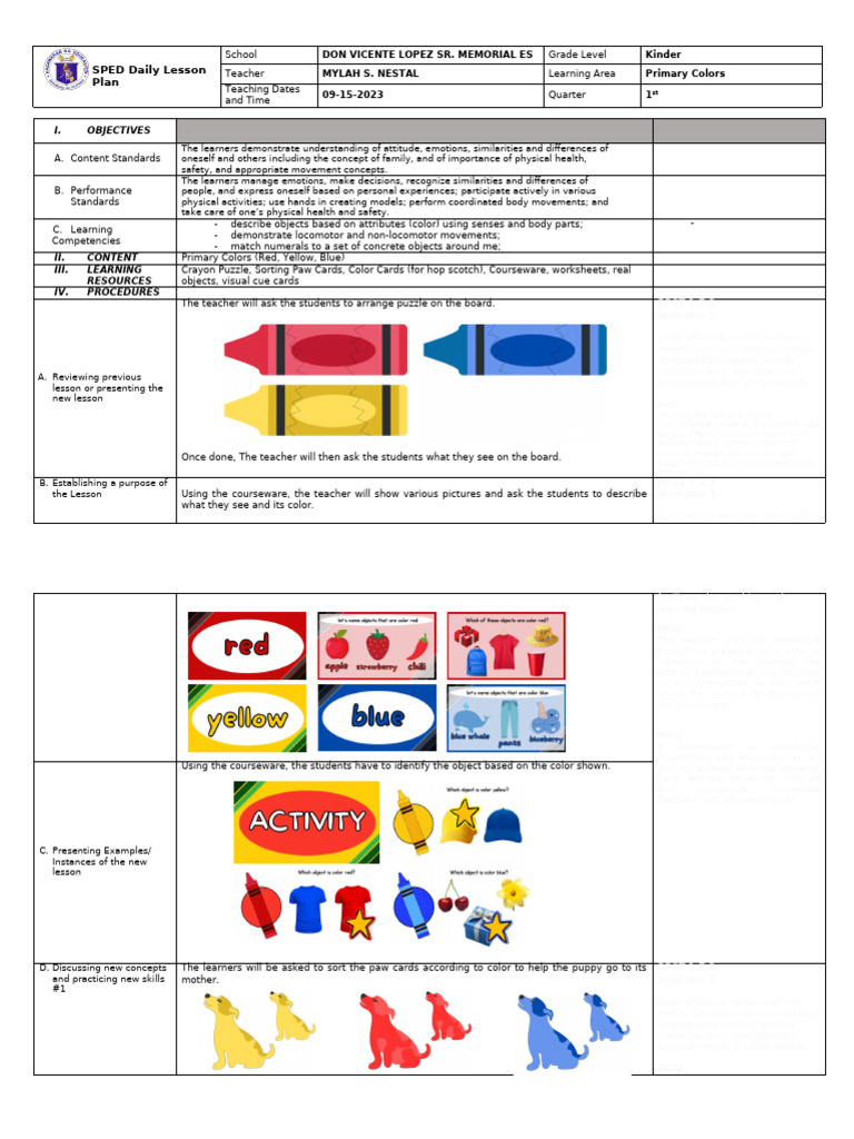 Primary Colors 1stQ LP SY24-25 (1) | PDF | Learning | Teachers
