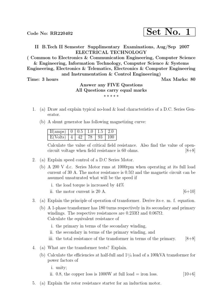 Electrical Technology Exam Questions 2007 | PDF | Electric Motor ...