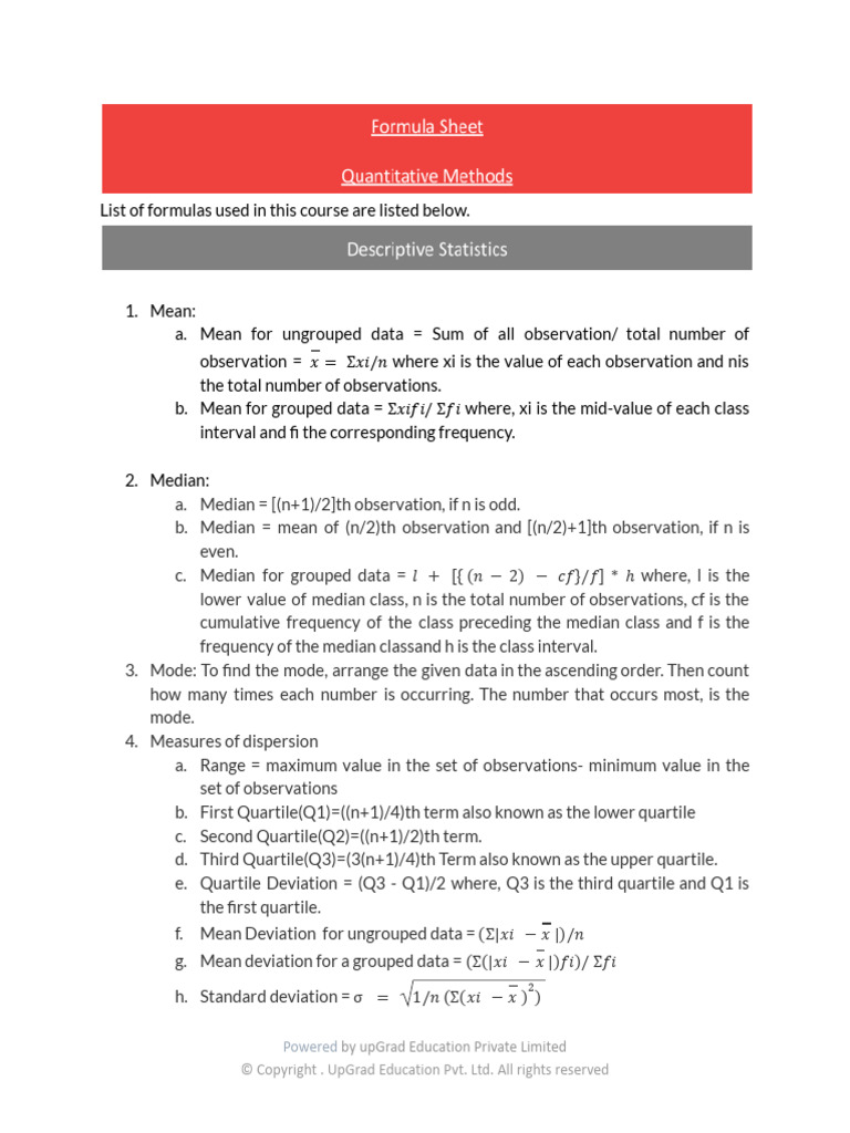 QM Formula Sheet Final | PDF | Standard Deviation | Mode (Statistics)