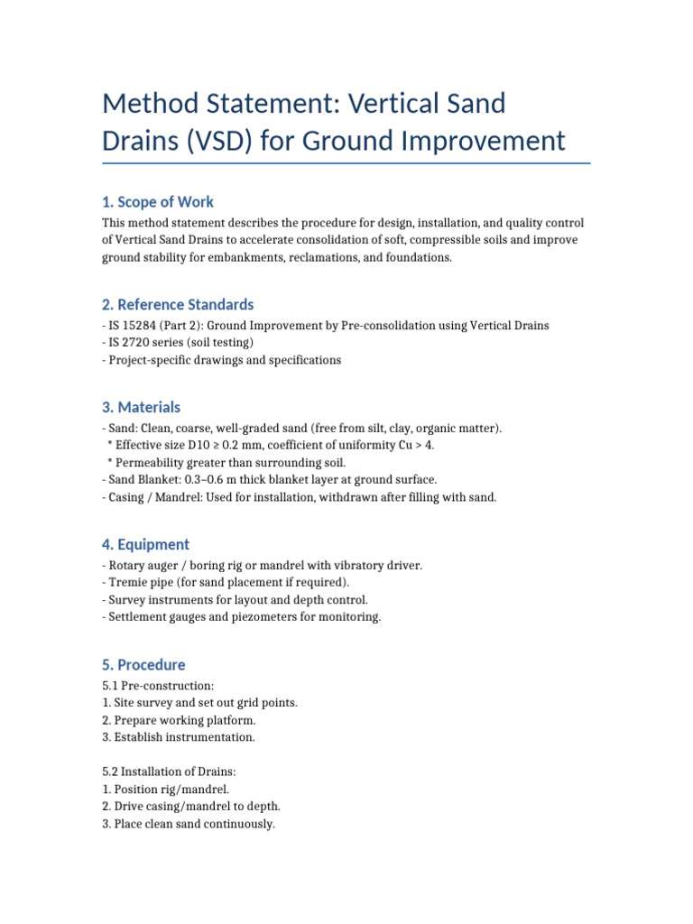 Vertical Sand Drains Method Statement - Copy | PDF