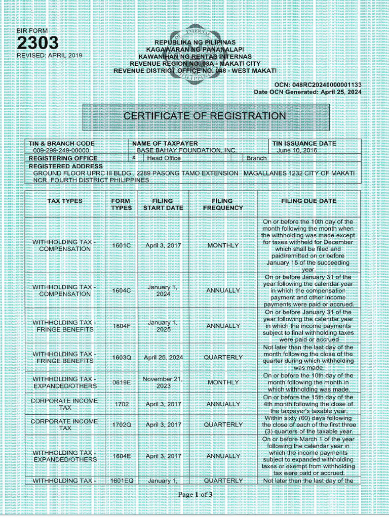 BBFI BIR 2303 Certificate of Registration (Updated 25Apr2024) | PDF