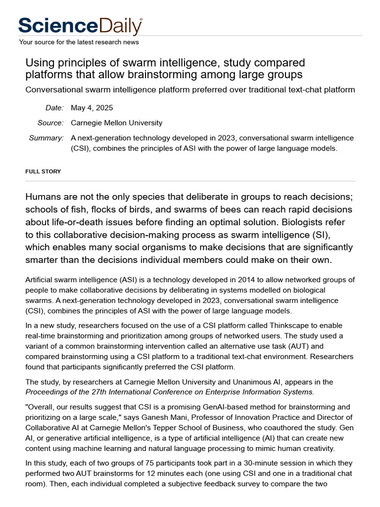 5.9 Science Daily：Using Principles of Swarm Intelligence, Study ...