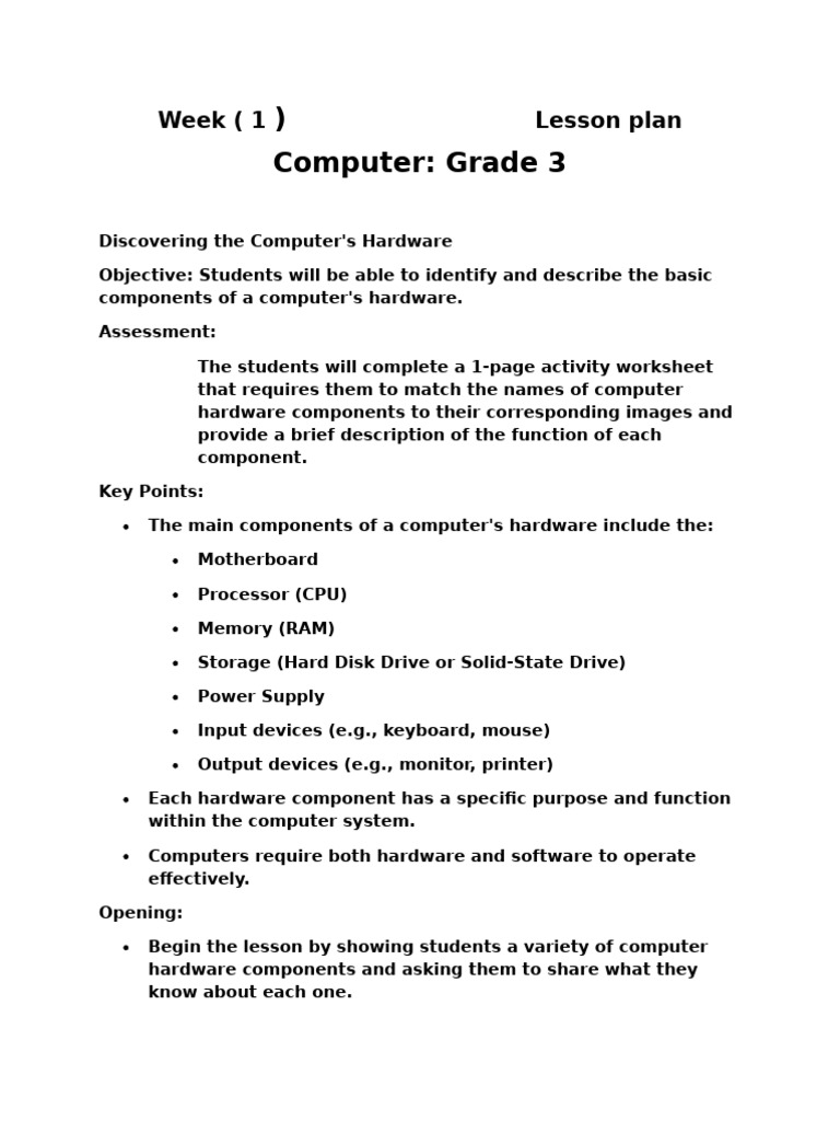 Lesson Plan Week 1 | PDF | Computer Hardware | Lesson Plan