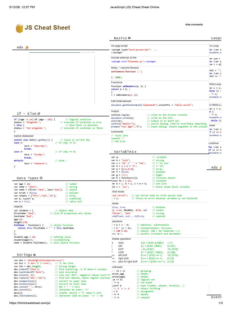 JavaScript (JS) Cheat Sheet with examples | PDF | Computer Programming ...