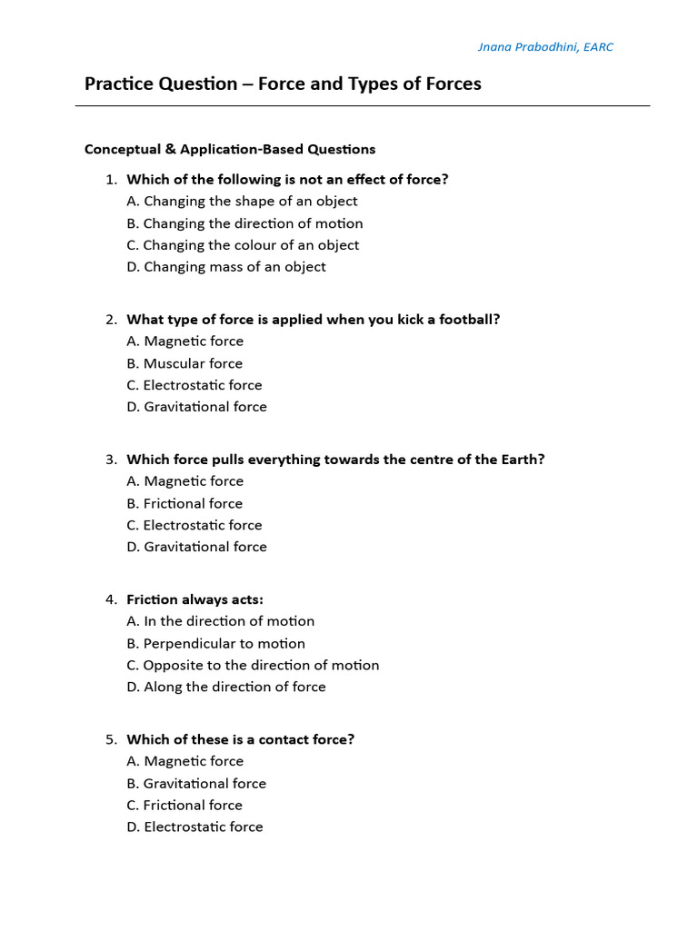 Practice Ques - Force and Types of Forces | PDF | Force | Friction