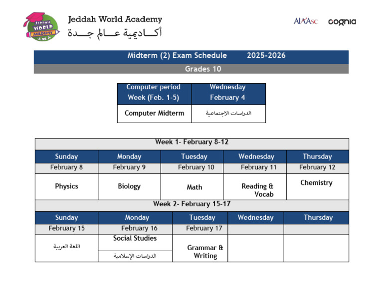 Grade 10 Term 2 Midterm Exam Schedule | PDF