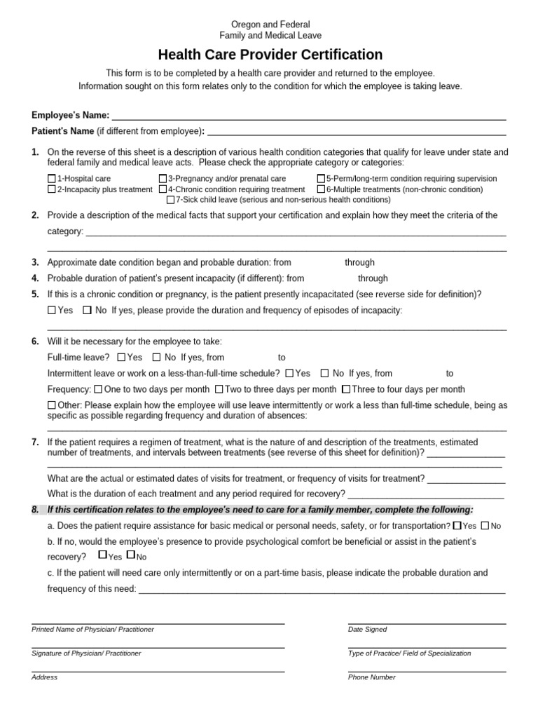 OFLA-FMLA-medical-certification-template | PDF | Therapy | Health Care