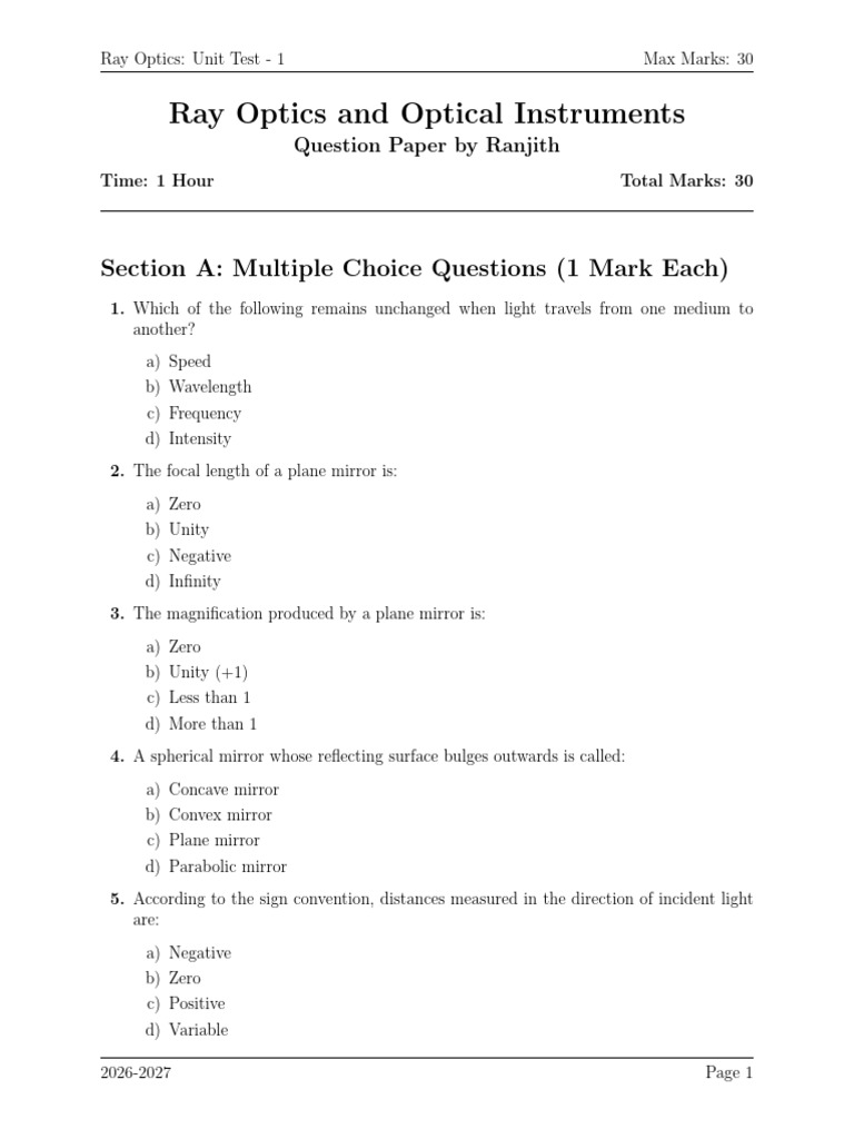 Physics Dinesh Test | PDF | Mirror | Optics