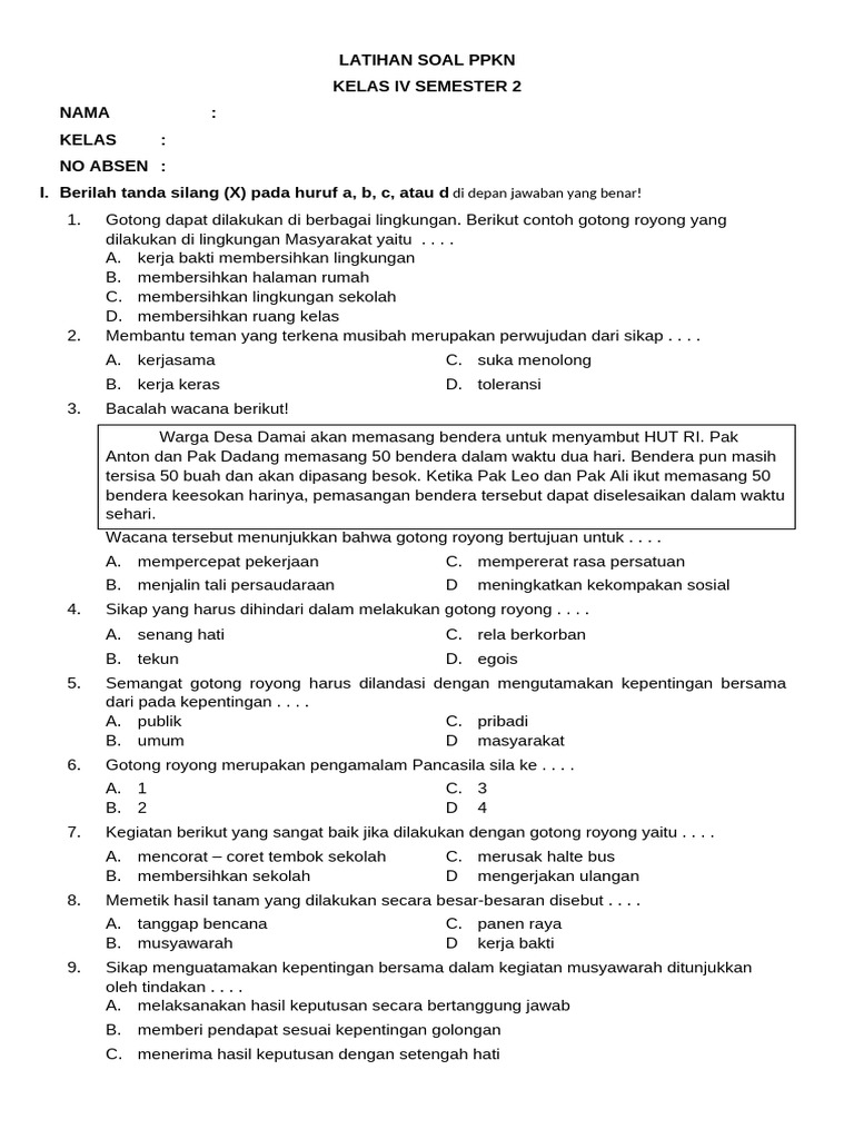 9.Latihan Saol Ppkn Kelas 4 2026 | PDF