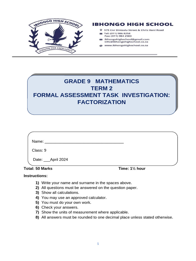 Grade 9 Exemplar Investigation 2024 | PDF | Factorization | Polynomial